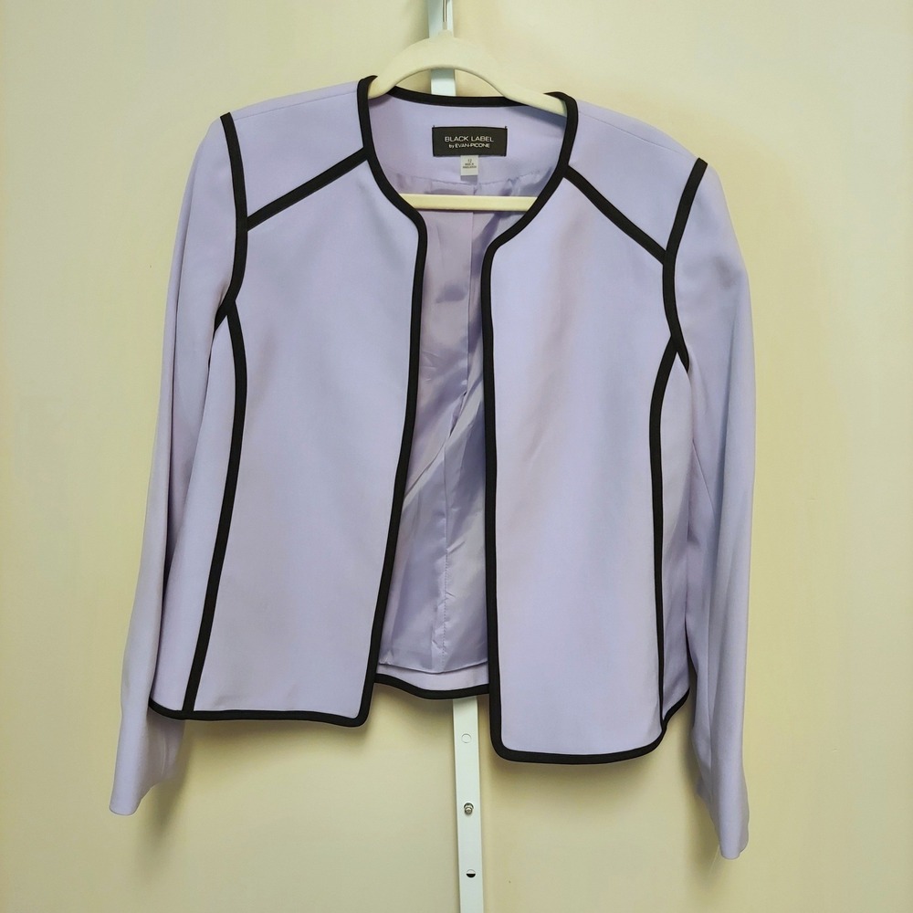 Evan Picone Black Label Lavender Purple Blazer Black Piping Open Front Jacket 12
